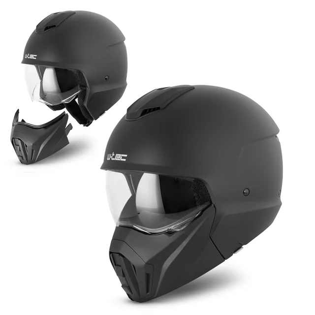 Moduláris motoros sisak W-TEC Satalone, ECE 22.06 típusjóváhagyás, aerodinamikus forma, 3 pozícióba állítható plexi, mosható bélés, puha arcpárnák - Fekete Matt - Fekete Matt