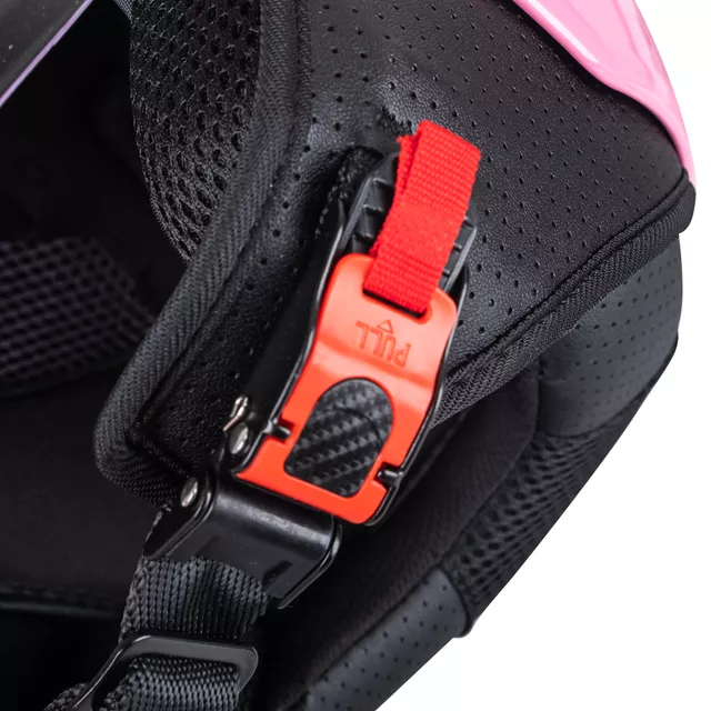 Nyitott sisak W-TEC Bareiro Fuchsia, puha arcpárnák, gyorskioldó csat, hely a kommunikátor fejhallgatónak, kis hátsó spoiler