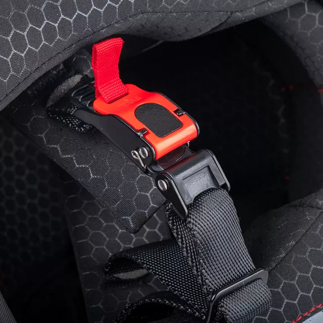 Gyermek integrált bukósisak W-TEC Basmeck, zárható állszellőzőnyílás, kényelmes párnázás, karcálló plexiüveg, rögzítés gyorskioldó csattal - fényes fehér