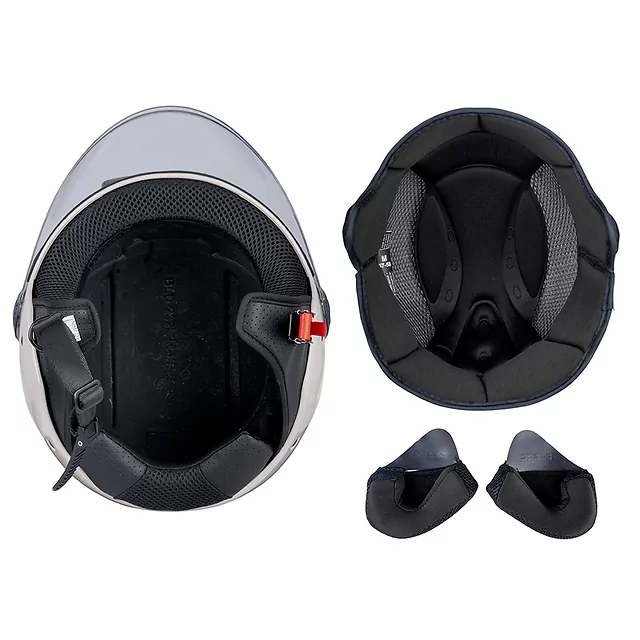 Nyitott sisak W-TEC Bareiro Bufalo, kellemesen puha arcpárnák, gyorskioldó csat, hely a kommunikátor fejhallgatónak