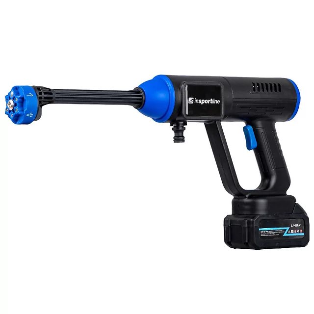 Akkus mosópisztoly inSPORTline Esedera, nagy teljesítményű motor, erős nyomás, multifunkciós fúvóka, nyomásbeállítás LED-es érintőképernyőn