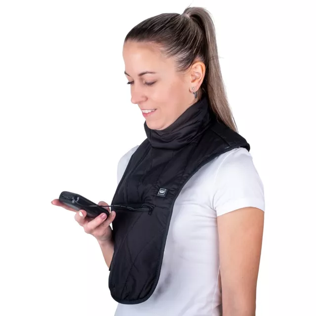 Fűthető nyakmelegítő W-TEC HEATneck 29-39 cm, szélálló, mellkas- és nyakfűtés, 3 fűtési mód, kényelmes anyag béléssel, cipzár és tépőzár, szénszál
