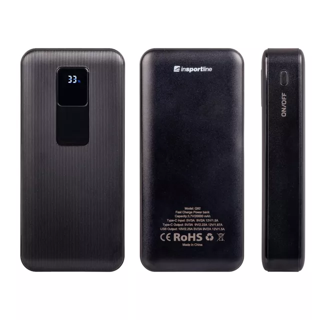 Powerbank inSPORTline PowerTwenty 20000 mAh, 2x USB A, 1x USB C, LED kijelző,  410 g, gyorstöltés