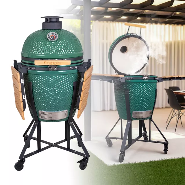 Kerámia kamado grill inSPORTline Pasionato 20" faszenes, kerámia, 120cm magas, BBQ grill, hőmérő, bomba izek, alacsony szénfogyasztás, kamado grill