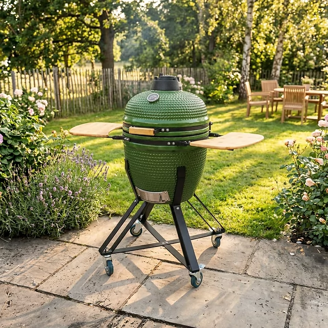 Kerámia kamado grill inSPORTline Pyrexo 18", kerámia belső héj, tartós hőteljesítmény, beépített hőmérő, hatékony szén-fogyasztás