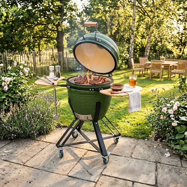 Kerámia kamado grill inSPORTline Pyrexo 18", kerámia belső héj, tartós hőteljesítmény, beépített hőmérő, hatékony szén-fogyasztás