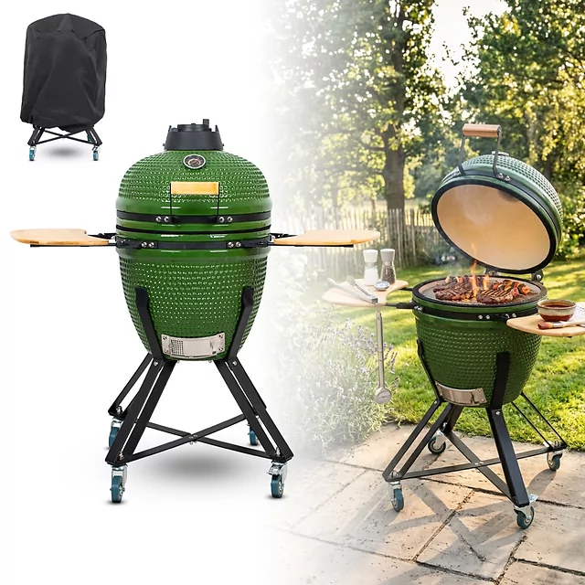 Kerámia kamado grill inSPORTline Pyrexo 18", kerámia belső héj, tartós hőteljesítmény, beépített hőmérő, hatékony szén-fogyasztás