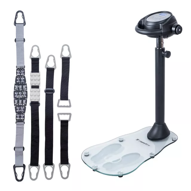 Rezgő masszázs öv inSPORTline TrimBelt, 20 fokozatú rezgésbeállítás, 9 masszázsprogram, 4 féle masszázs öv, üveg talapzat, csúszásmentes lábak