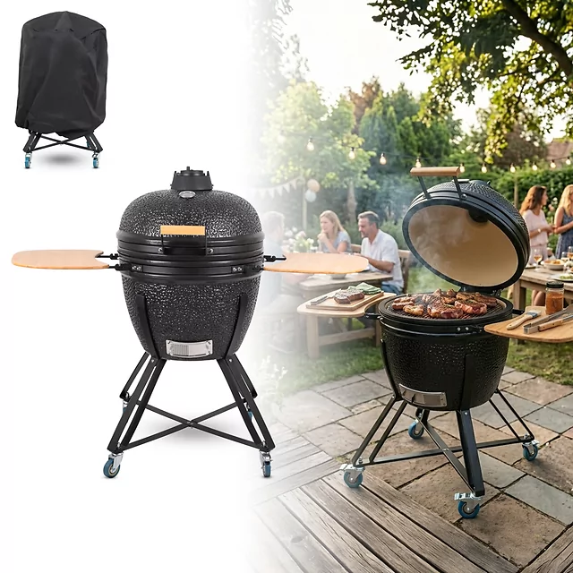 Kerámia kamado grill inSPORTline Pyrexo 24", kerámia belső héj, tartós hőteljesítmény, beépített hőmérő, hatékony szén-fogyasztás