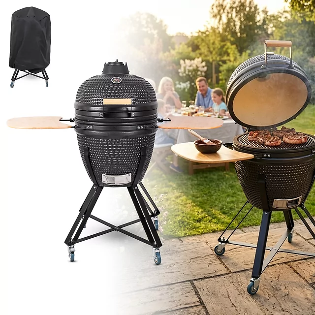 Kerámia kamado grill inSPORTline Pyrexo 21", kerámia belső héj, tartós hőteljesítmény, beépített hőmérő, hatékony szén-fogyasztás