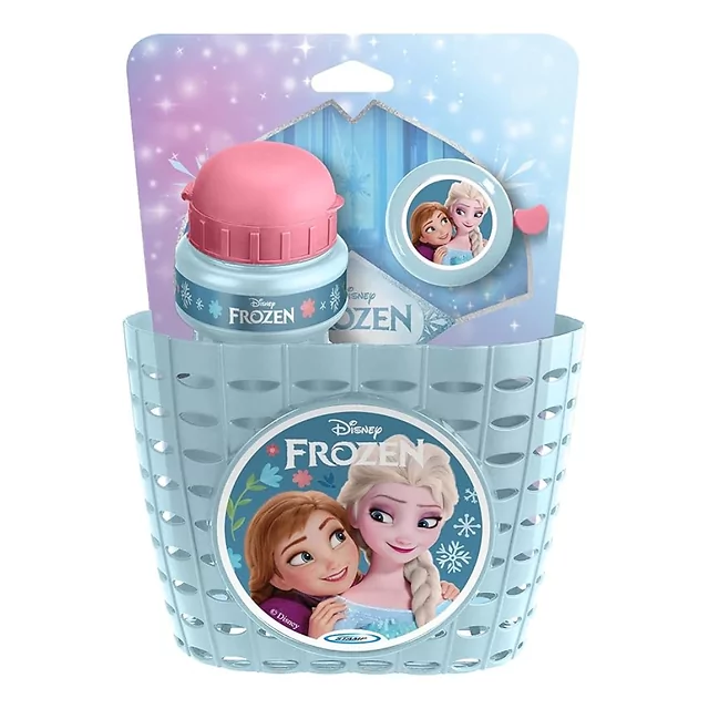 Kerékpáros szett Frozen II (kosár, palack, csengő) - világoskék, univerzális bilincs, tartós műanyag, fém