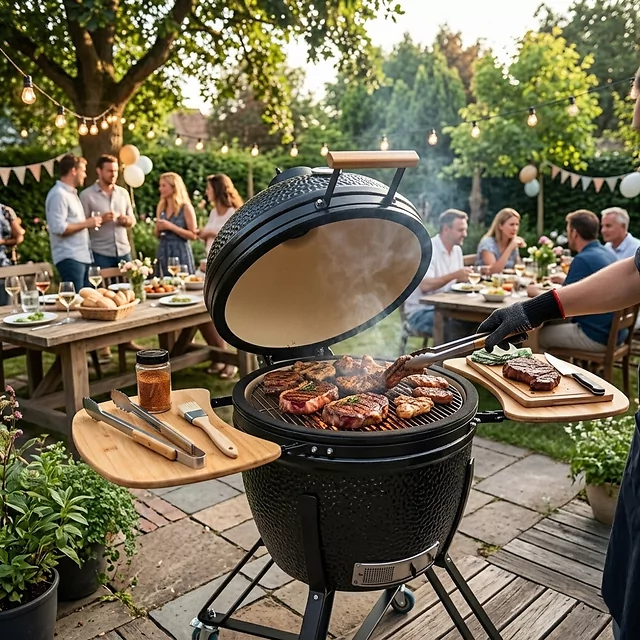 Kerámia kamado grill inSPORTline Pyrexo 24", kerámia belső héj, tartós hőteljesítmény, beépített hőmérő, hatékony szén-fogyasztás
