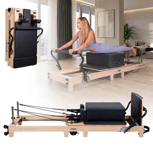 Pilates reformer inSPORTline Driftaler, összecsukható szerkezet biztonsági retesszel, tölgyfából készült váz, speciális pilates-doboz