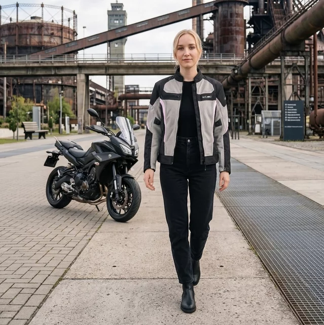 Nyári női motoros kabát W-TEC Mirelia, kivehető belső bélés vízálló membránnal, AirVent rendszer, elasztikus panelek, Visionight fényvisszaverő elemek - fekete-szürke