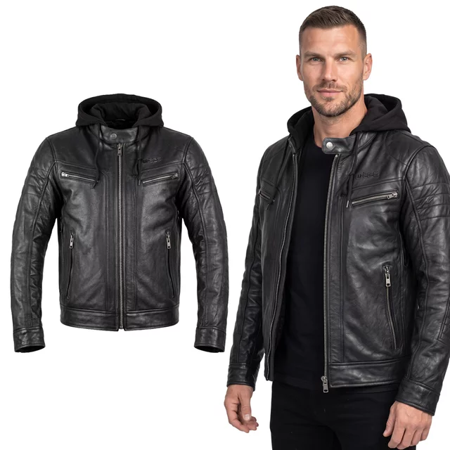 Bőr motoros kabát W-TEC Murayo II, szellőzőrendszer, belső hálós bélés, akasztófül, fő záródás 8-as méretű YKK cipzárral - fekete - fekete