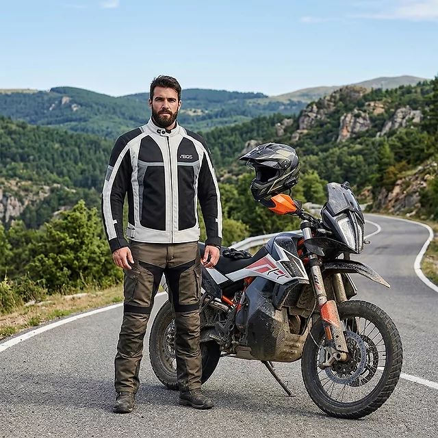 Férfi nyári motoros kabát BOS Libera, A osztályú védőruha, kivehető CE védőpárnák, fényvisszaverő elemek, strapabíró 600D anyag, légáteresztő bélés - Szürke