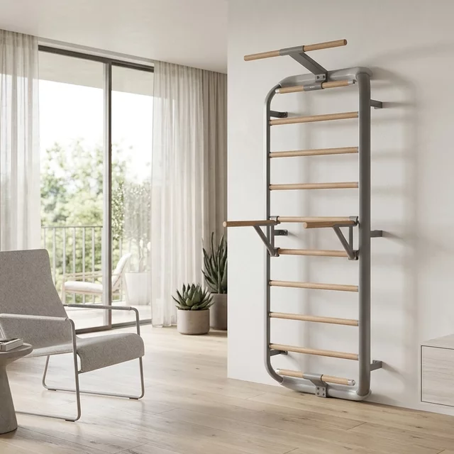 Bordásfal inSPORTline Wootkit 220×86 cm, 8 kör alakú lépcsőfok, falhoz rögzítés, könnyű karbantartás, egyszerű és gyors összeszerelés - szürke
