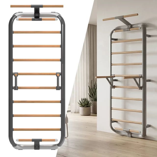 Bordásfal inSPORTline Wootkit 220×86 cm, 8 kör alakú lépcsőfok, falhoz rögzítés, könnyű karbantartás, egyszerű és gyors összeszerelés - szürke - szürke