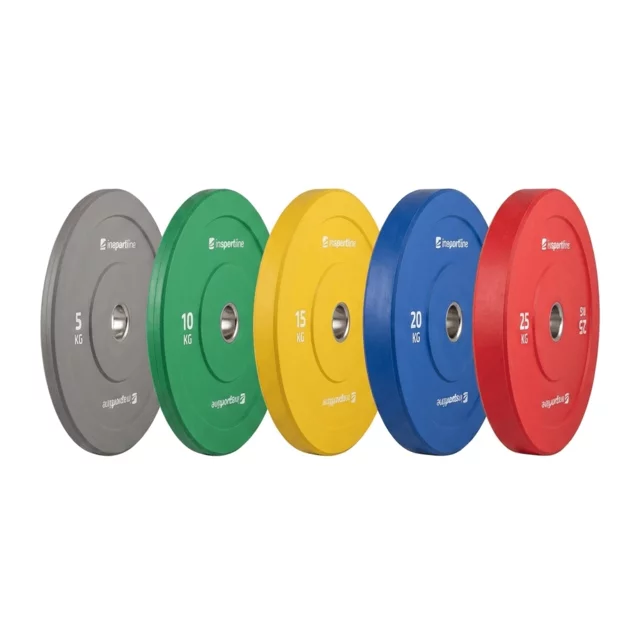 Gumírozott súlytárcsa inSPORTline Bumper Plate Go 5 kg 50 mm, minőségi kivitelezés, vonzó színkialakítás, kopásálló, tartós ütköző gumi