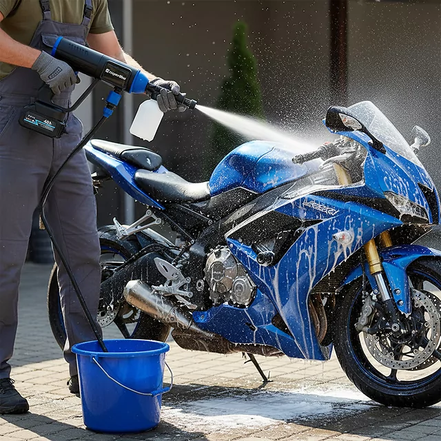 Akkus mosópisztoly inSPORTline Esedera, nagy teljesítményű motor, erős nyomás, multifunkciós fúvóka, nyomásbeállítás LED-es érintőképernyőn