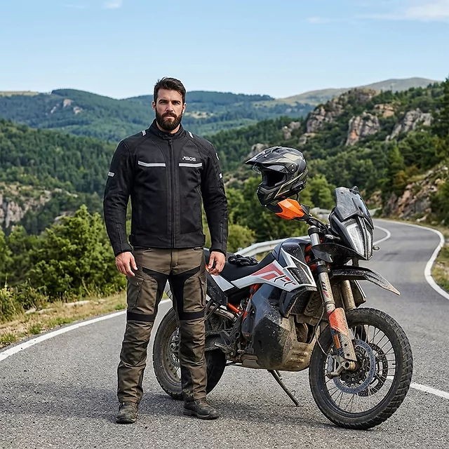 Férfi nyári motoros kabát BOS Libera, A osztályú védőruha, kivehető CE védőpárnák, fényvisszaverő elemek, strapabíró 600D anyag, légáteresztő bélés - Szürke