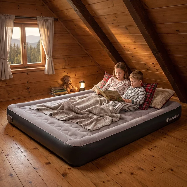 Kétszemélyes felfújható matrac inSPORTline Valkon Duo 192×151×22 cm beépített elektromos pumpával, egyszerű felfújás/leeresztés, Li-ion akkumulátor