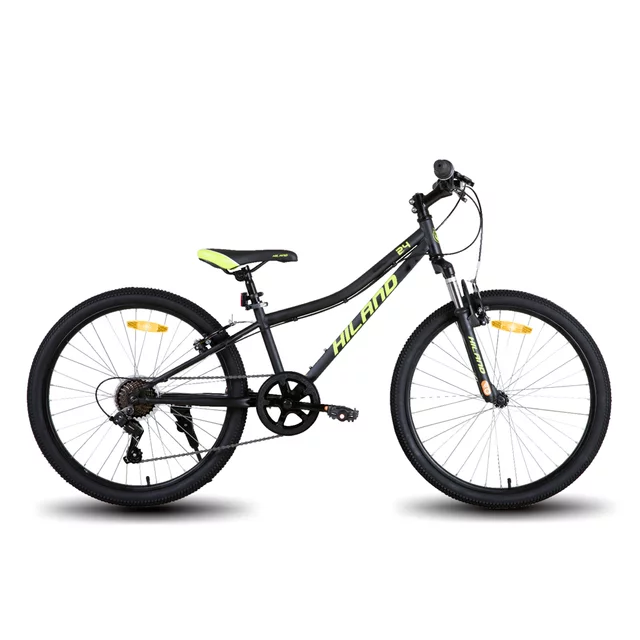 Junior hegyikerékpár Hiland Climber 24", 125-150 cm, sportnyereg, széles MTB-kormány, Shimano hátsó váltó, V-fékek, kettős falú alumínium felnik - fekete - fekete