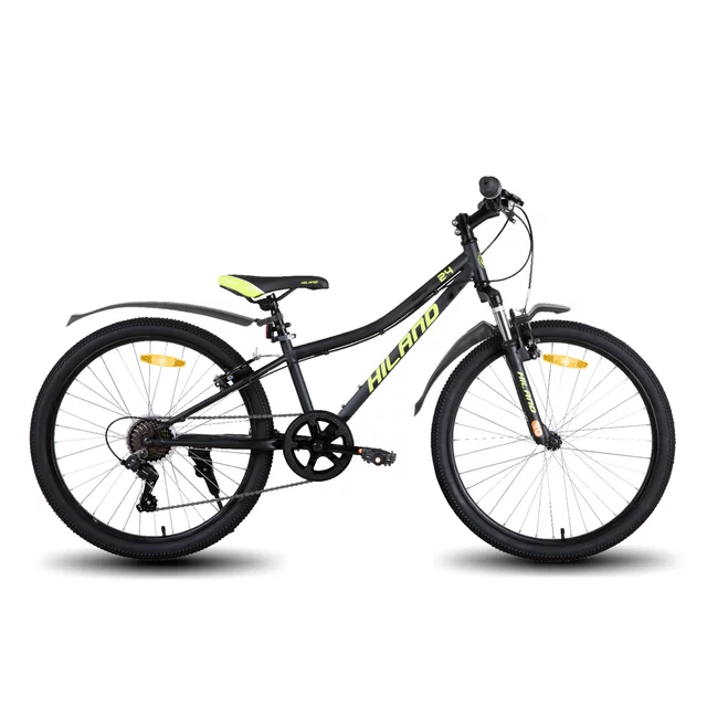 Junior hegyikerékpár Hiland Climber 24", 125-150 cm, sportnyereg, széles MTB-kormány, Shimano hátsó váltó, V-fékek, kettős falú alumínium felnik - fekete