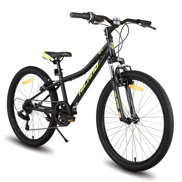 Junior hegyikerékpár Hiland Climber 24", 125-150 cm, sportnyereg, széles MTB-kormány, Shimano hátsó váltó, V-fékek, kettős falú alumínium felnik - fekete