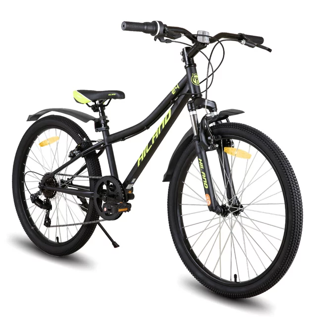 Junior hegyikerékpár Hiland Climber 24", 125-150 cm, sportnyereg, széles MTB-kormány, Shimano hátsó váltó, V-fékek, kettős falú alumínium felnik - fekete