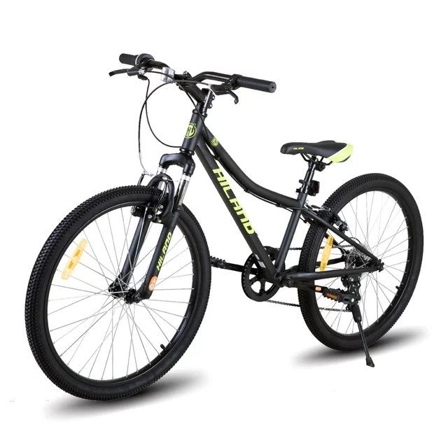 Junior hegyikerékpár Hiland Climber 24", 125-150 cm, sportnyereg, széles MTB-kormány, Shimano hátsó váltó, V-fékek, kettős falú alumínium felnik - fekete