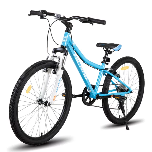 Junior hegyikerékpár Hiland Climber 24", 125-150 cm, sportnyereg, széles MTB-kormány, Shimano hátsó váltó, V-fékek, kettős falú alumínium felnik - fekete