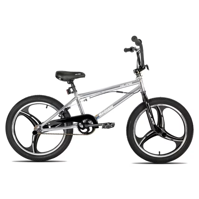 BMX kerékpár Hiland Redeem Ultimate 20", U-fék rendszer, 20 × 2,125" méretű széles gumiabroncsok, 360°-ban forgatható kormány, erős Hi-Ten acél váz - ezüst