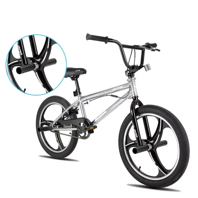 BMX kerékpár Hiland Redeem Ultimate 20", U-fék rendszer, 20 × 2,125" méretű széles gumiabroncsok, 360°-ban forgatható kormány, erős Hi-Ten acél váz - ezüst