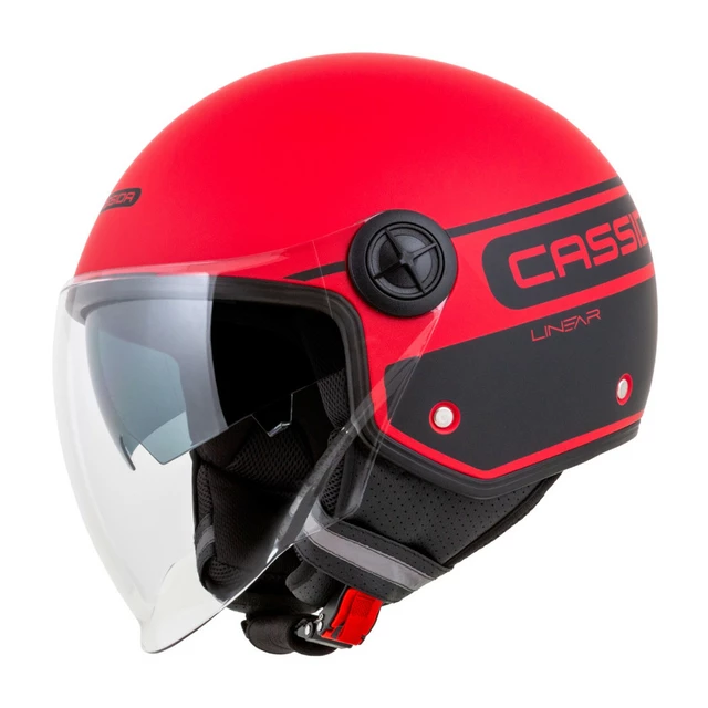 Motoros bukósisak Cassida Handy Plus Linear matt piros/fekete, polikarbonát héj, fényvisszaverő csíkok, mikrometrikus csat, ECE 22.06 tanúsítvány