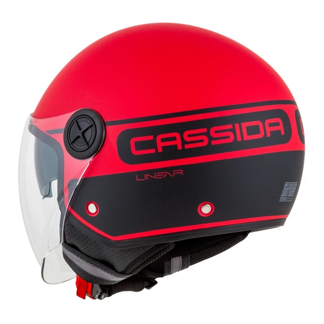 Motoros bukósisak Cassida Handy Plus Linear matt piros/fekete, polikarbonát héj, fényvisszaverő csíkok, mikrometrikus csat, ECE 22.06 tanúsítvány