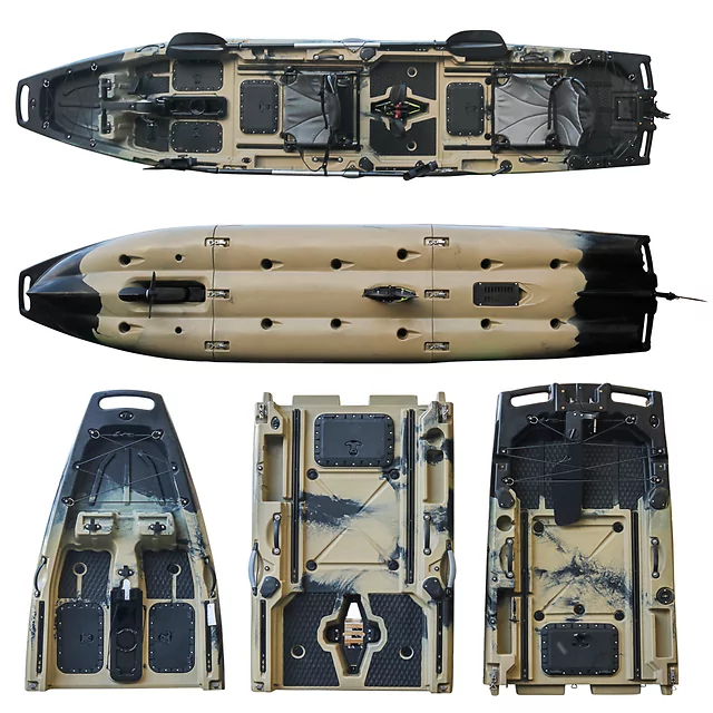 Pedálos összecsukható kétszemélyes kajak inSPORTline Rhoner Duo, összecsukható ülés 3 állítható magasságú pozícióval, pedálos meghajtórendszer