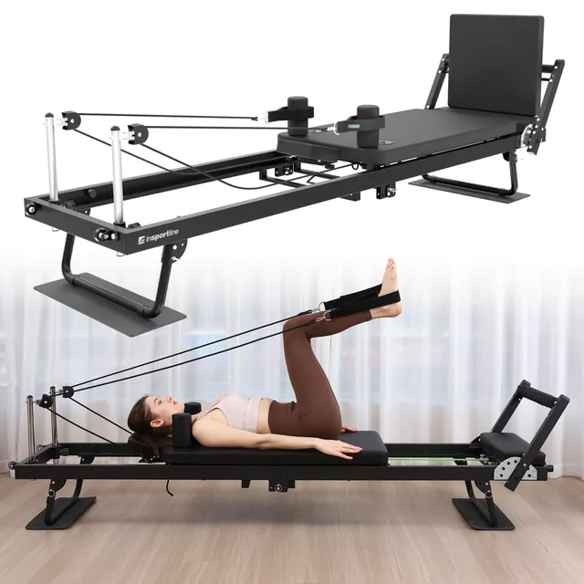Reformer pilates inSPORTline Auraler, kettős ellenállási rendszer, összecsukható acélszerkezet, görgők a könnyű kezeléshez