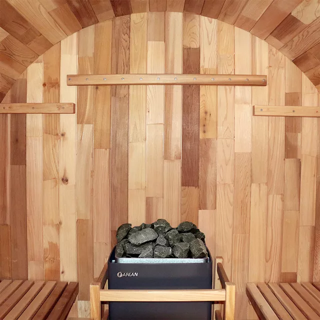 Finn hordó szauna inSPORTline Viduor 300 - Cédrusfa, FANLAN SCA 60 kályha, üveg bejárat, belső világítás, jó hőszigetelő tulajdonságok