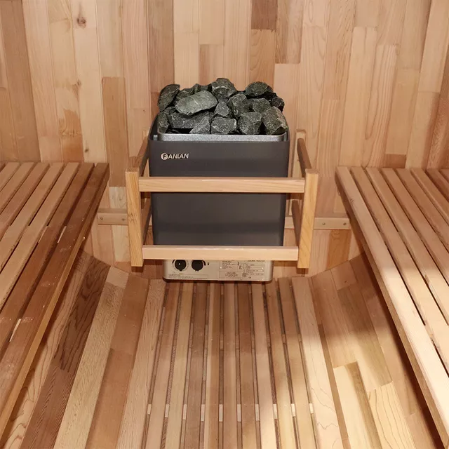 Finn hordó szauna inSPORTline Viduor 300 - Cédrusfa, FANLAN SCA 60 kályha, üveg bejárat, belső világítás, jó hőszigetelő tulajdonságok