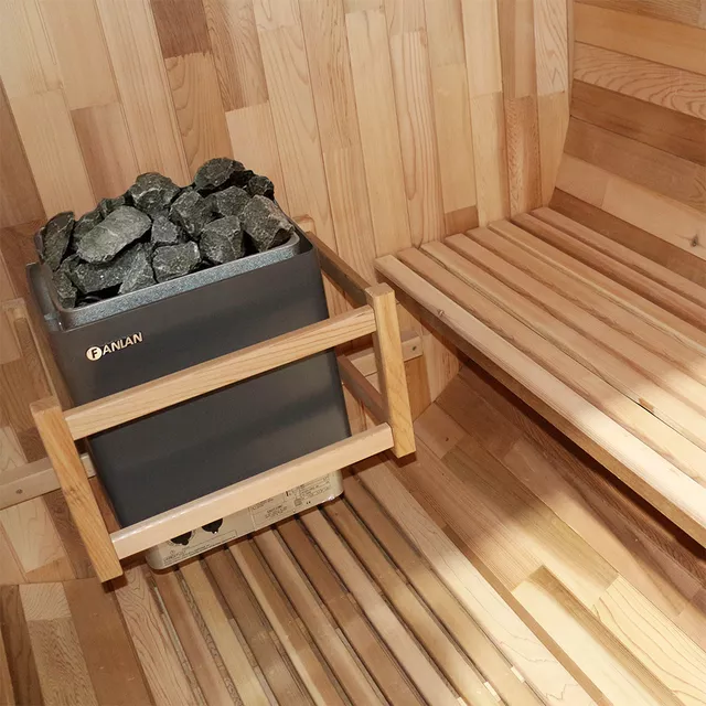 Finn hordó szauna inSPORTline Viduor 300 - Cédrusfa, FANLAN SCA 60 kályha, üveg bejárat, belső világítás, jó hőszigetelő tulajdonságok