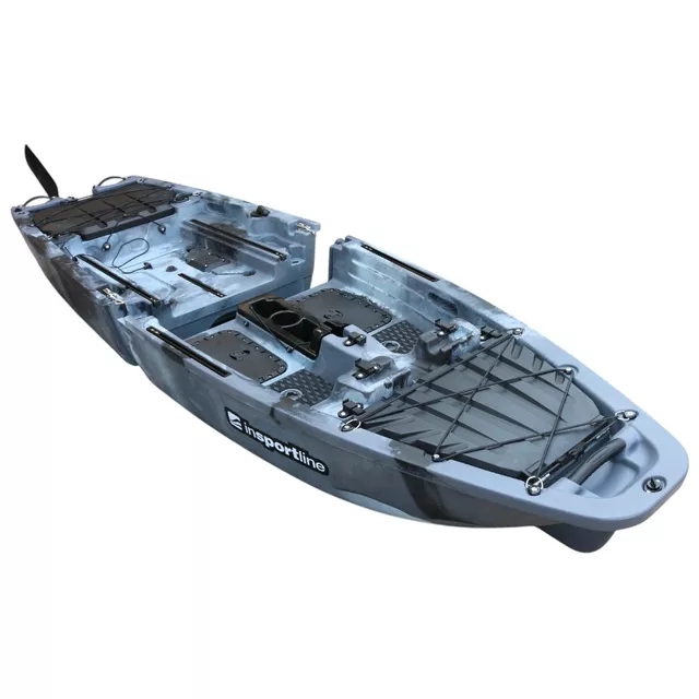 Összecsukható pedálos kajak inSPORTline Rhoner Urban Camo, fogantyú, horgászbottartó, lehajtható ülés, egyszerű kormányvezérlés, tárolórekeszek,38 kg