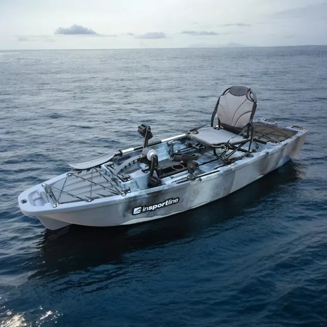 Összecsukható pedálos kajak inSPORTline Rhoner Urban Camo, fogantyú, horgászbottartó, lehajtható ülés, egyszerű kormányvezérlés, tárolórekeszek,38 kg