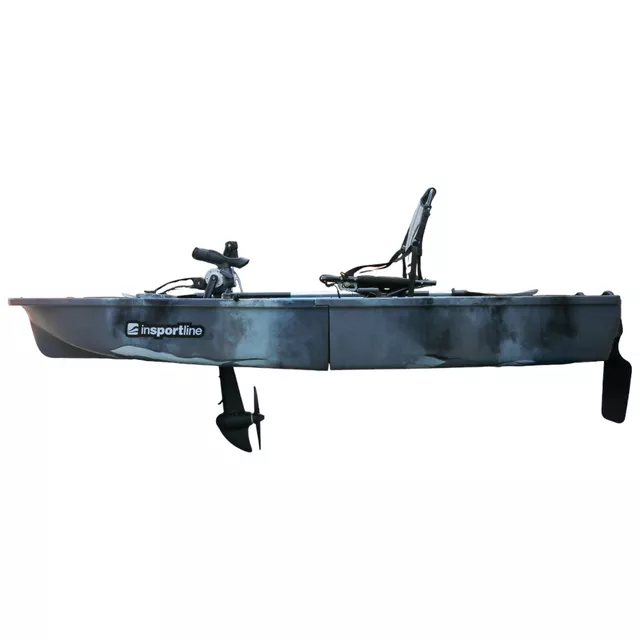 Összecsukható pedálos kajak inSPORTline Rhoner Urban Camo, fogantyú, horgászbottartó, lehajtható ülés, egyszerű kormányvezérlés, tárolórekeszek,38 kg