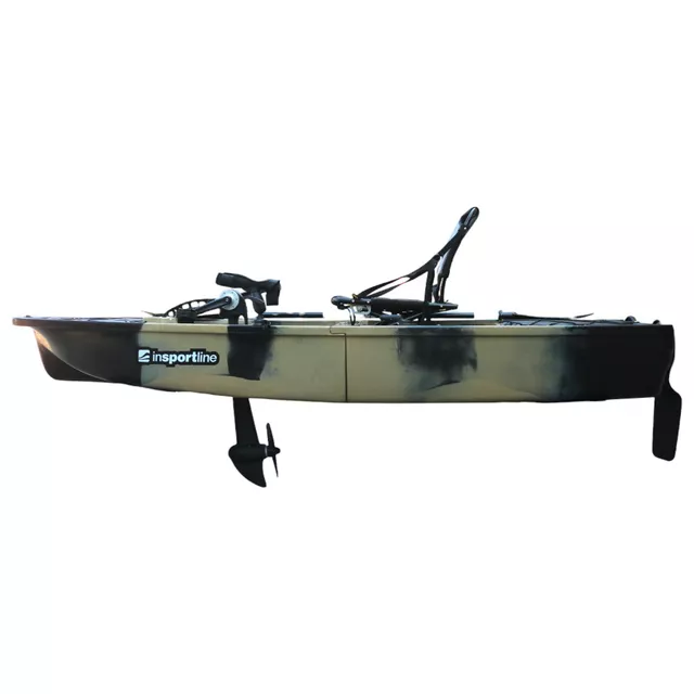 Összecsukható pedálos kajak inSPORTline Rhoner Desert Camo, tárolórekesz, 38 kg, lehajtható ülés, egyszerű kormányvezérlés, horgászbottartó