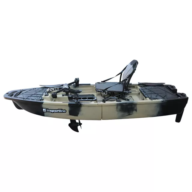 Összecsukható pedálos kajak inSPORTline Rhoner Desert Camo, tárolórekesz, 38 kg, lehajtható ülés, egyszerű kormányvezérlés, horgászbottartó