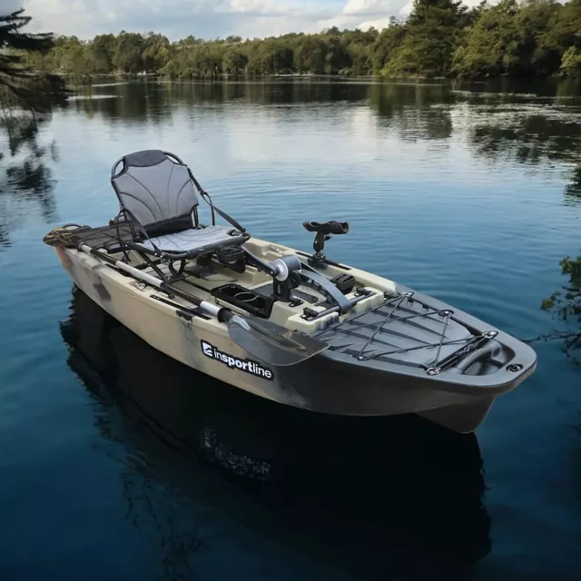 Összecsukható pedálos kajak inSPORTline Rhoner Desert Camo, tárolórekesz, 38 kg, lehajtható ülés, egyszerű kormányvezérlés, horgászbottartó