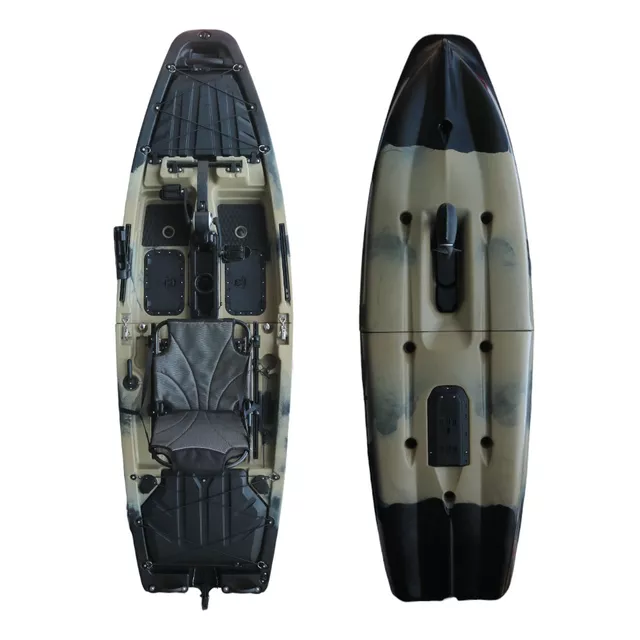 Összecsukható pedálos kajak inSPORTline Rhoner Desert Camo, tárolórekesz, 38 kg, lehajtható ülés, egyszerű kormányvezérlés, horgászbottartó