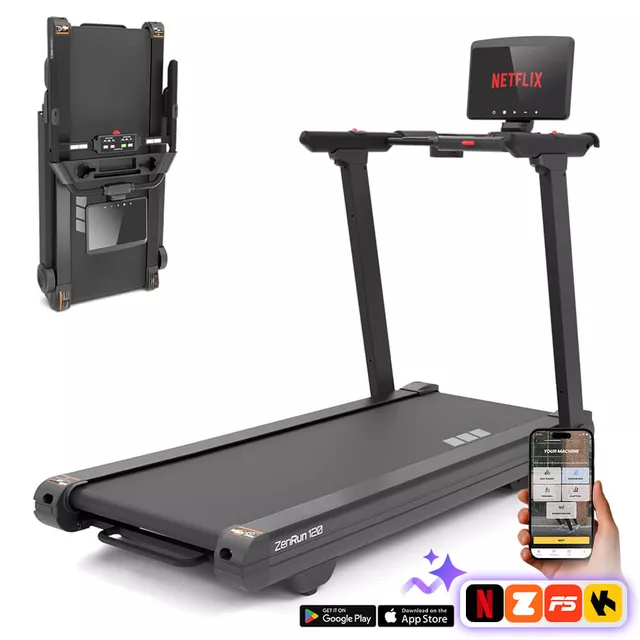 Futópad inSPORTline ZenRun 120, 4Le, 150kg teherbirás, laposra összehajtható, 180° forgatható érintőképernyő, 12% dőlészög, 22km/ó, HRC