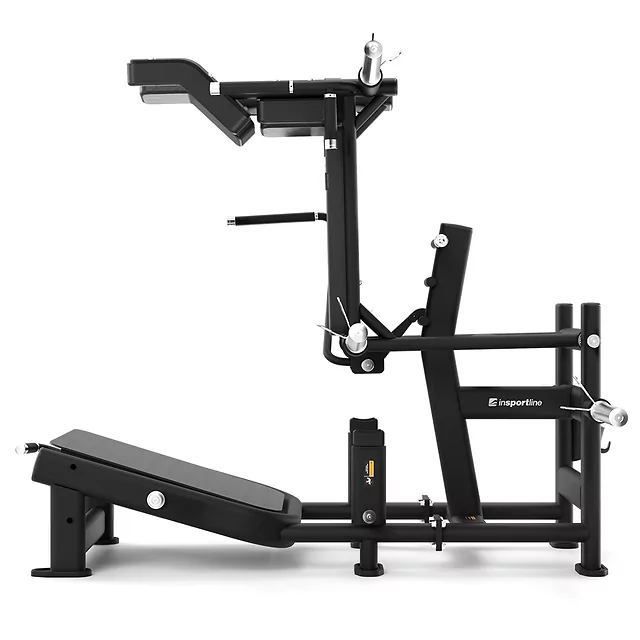 Tárcsasúlyos Hack guggoló gép inSPORTline Velocer, tartós fémkeret, nagy sűrűségű ergonomikus párnázás, ergonomikus váll- és háttámaszok